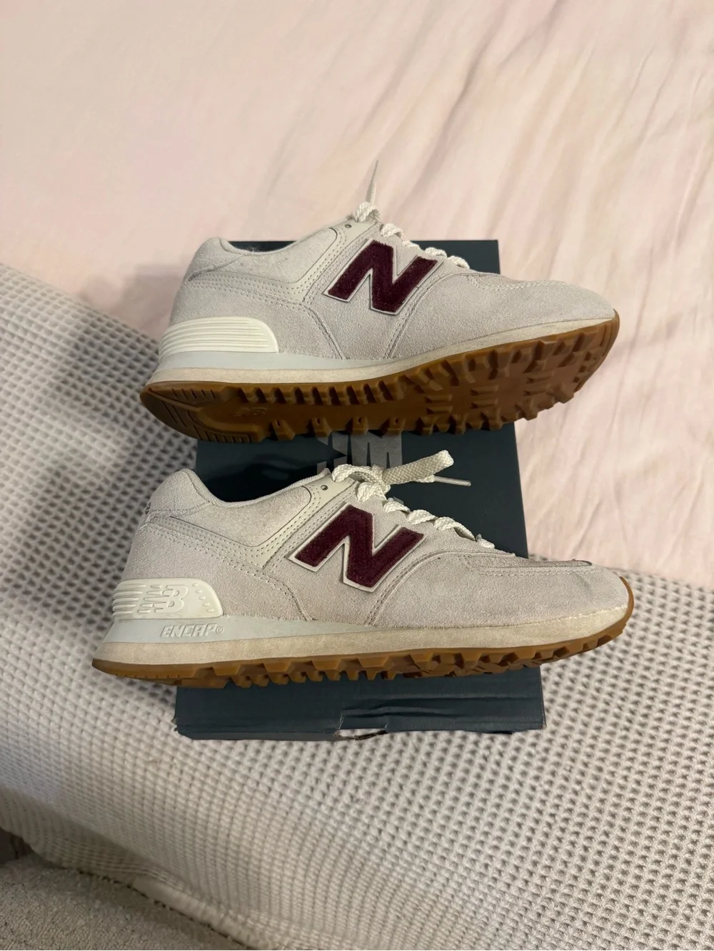 New Balance Cream & Burgundy Suede Sneakers
